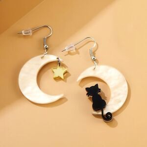 Black Cat Yellow Crescent Moon Acrylic Earrings with Gold Star‎